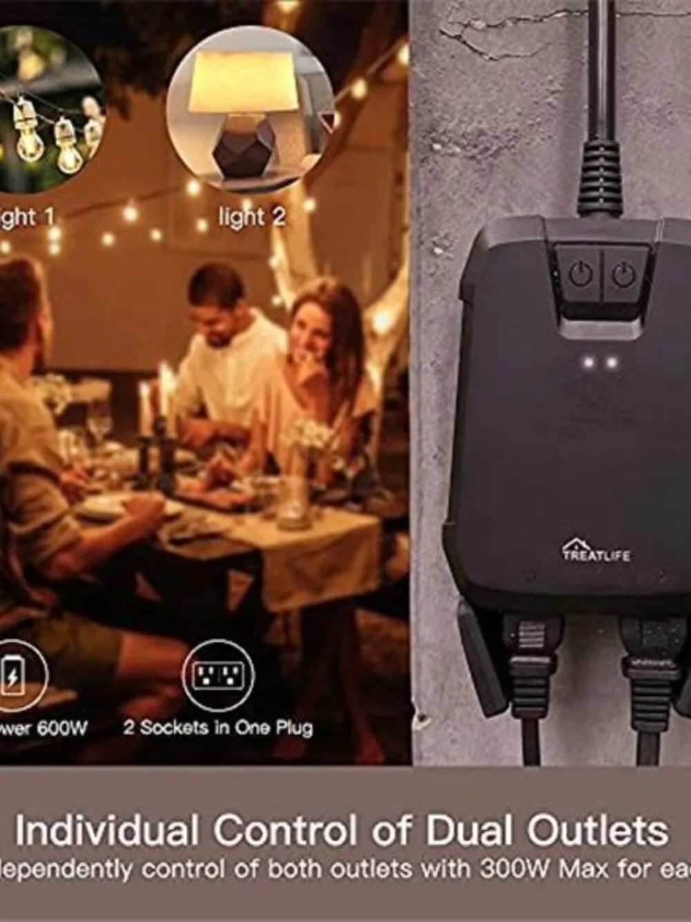 2 in 1 Outdoor Smart Dimmer Plug, 2 Individual Control Sockets, 600W, Alexa